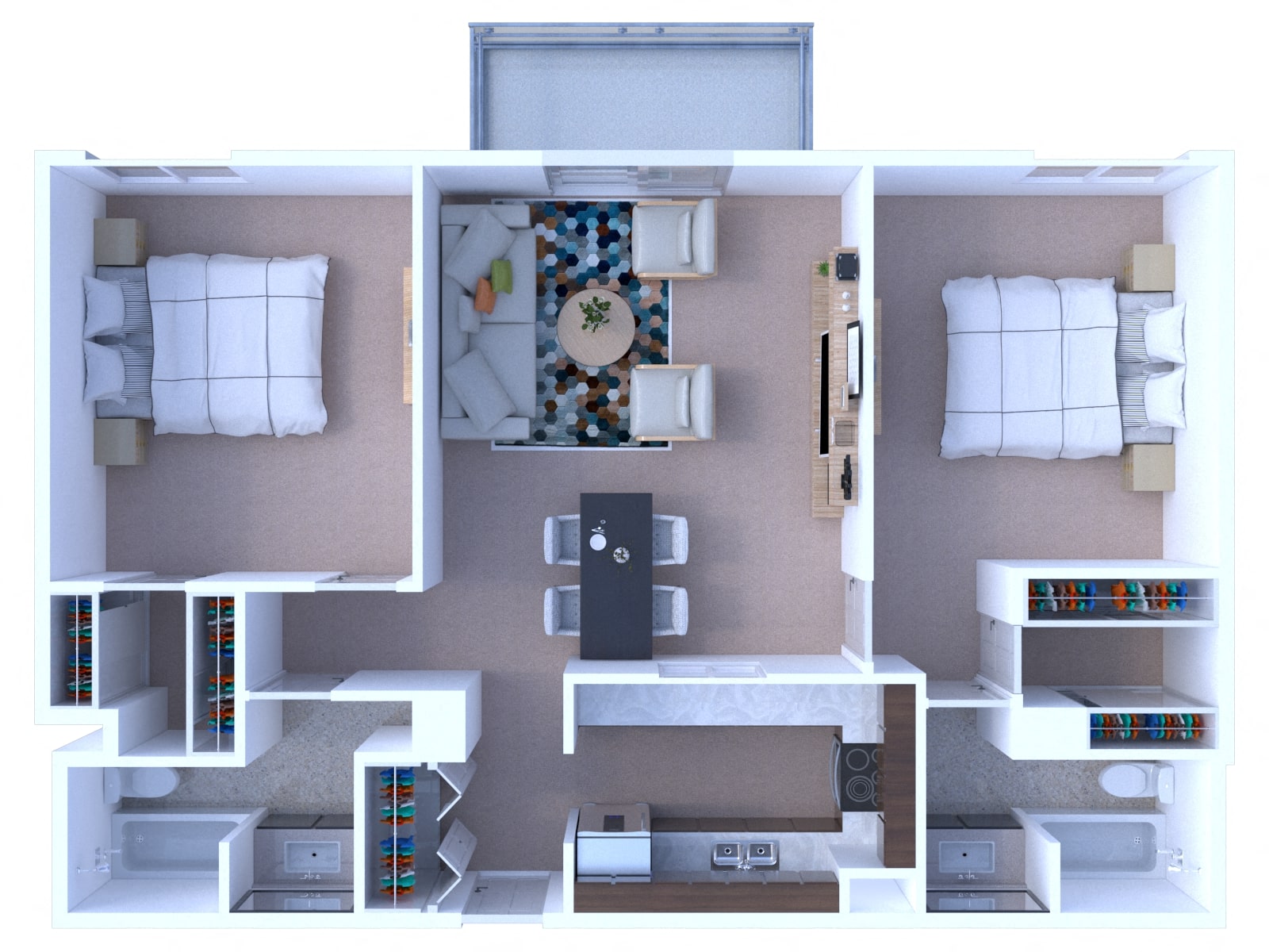 Floor plan for 2 beds, 2 baths, 1100 sqft